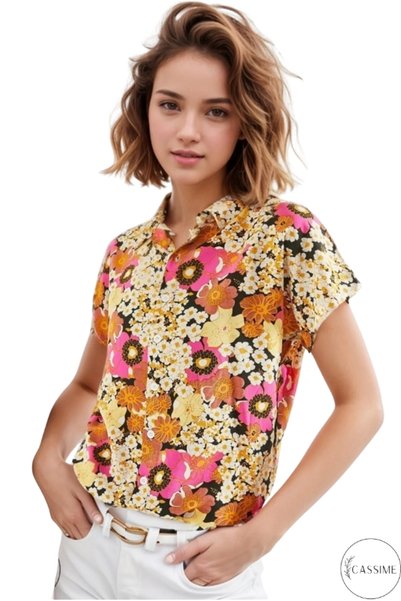 Cassime Women's Floral Daisy Multicolor Patterned Bat Short Sleeve Shirt