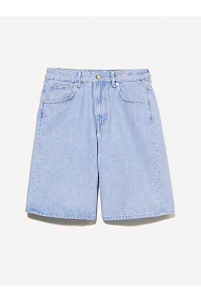 Sisley Kadın Açık Denim %100 Pamuk Düşük Bel Relax Fit Bermuda Denim Şort