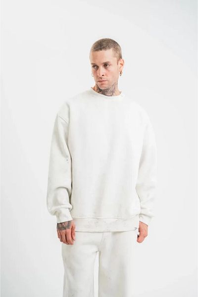 Silerra    Unisex Long Sleeve Crew Neck Washed Sweatshirt - White