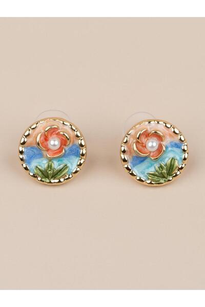Portakal Esintisi Florencia Enamel Flower Motif Pearl Minimal Vintage Art Ear...