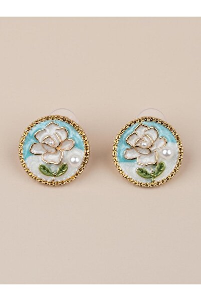 Portakal Esintisi Alvéria Flower Motif Blue White Enamel Pearl Vintage Art Ea...