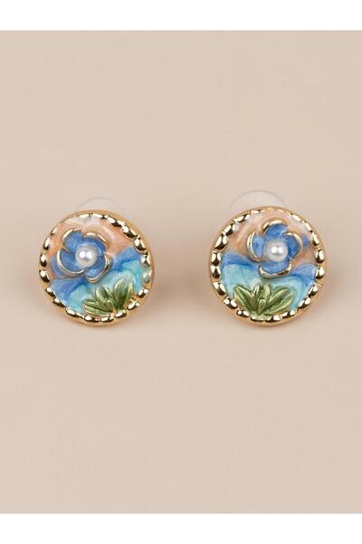 Portakal Esintisi Florencia Enamel Flower Motif Pearl Minimal Vintage Art Ear...