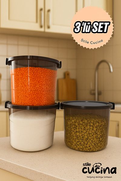 Stile Cucina Mega Size Advantageous 3-Piece Round Flour Pulses Container-Handled Detergent Dispenser Storage Box 7 Liters Anthracite