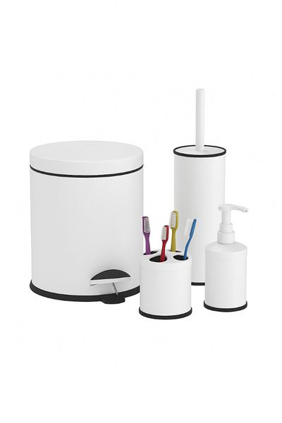 MultiStore White 4-Piece Bathroom Set Set Pedal Trash Can Wc Toilet Brush Soap Dispenser Toothbrush Holder