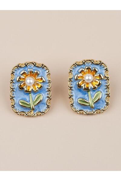 Portakal Esintisi Sunfloria Daisy Motif Vintage Art Earrings with Enameled Pe...