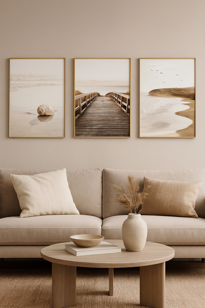 seninürünün Silence by the Sea - Pictură modernă din 3 piese cu cadru metalic...