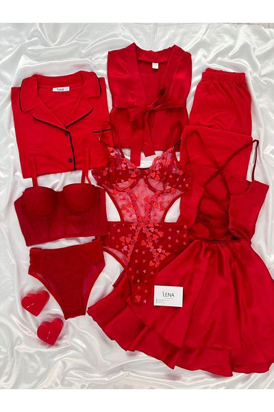 Lena Homewears Red Premium Light Satin Boxed 7 Piece Giant Pajamas Nightgown Dressing Gown Underwear Dowry Set