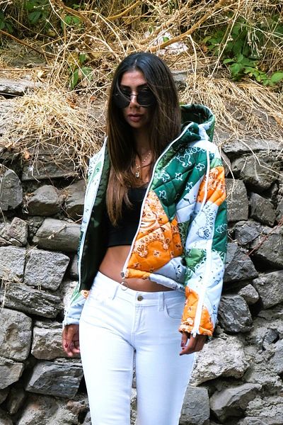 Markano Green Patterned Hooded Short Puffer Jacket with Zippered Sleeves