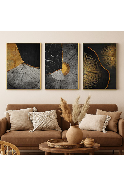 seninürünün Touch the Surface - Pictură modernă din 3 piese cu imprimare adevărată pe sticlă, cu cadru metalic din aluminiu auriu