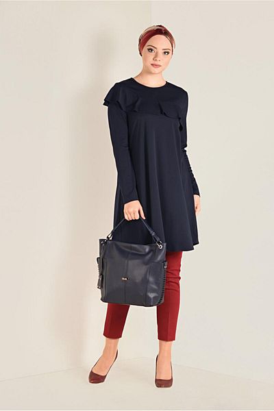 TRENDTESETTÜR Women's Navy Blue Flywheel Casual Tunic 4770