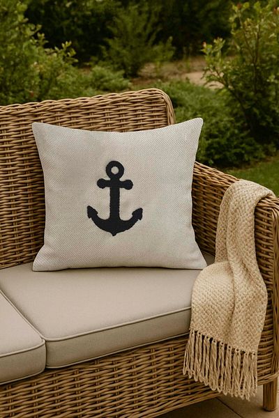 Rivaİstanbul Navy Blue Anchor Straw Look Woven Punch Throw Pillow Cover