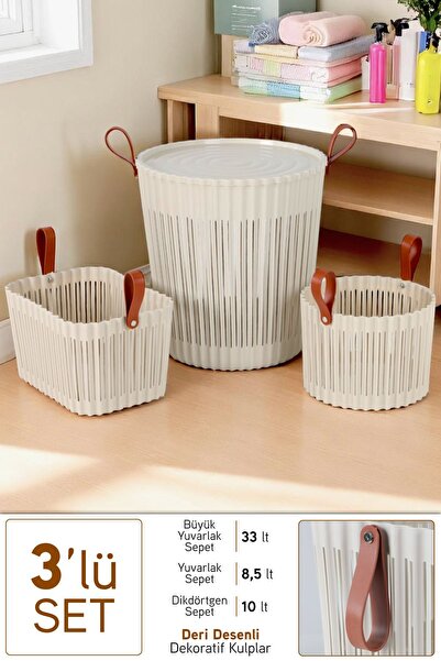 İronika Flex 3lü Banyo Seti Deri Desenli Kulplu Lüx Banyo Mutfak Organizeri Ç...