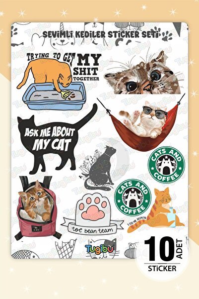 TUGİBU Cat Sticker Set, Cute Cats Sticker Set, 10 Pieces Cat Stickers