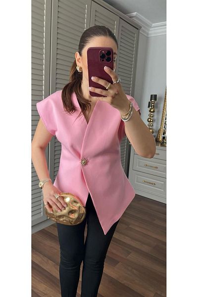 FEMİNEER.com Pudra Pink Asymmetric Lined Stylish Vest