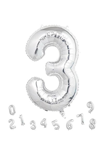 Parti Adresi Rakam Folyo Balon Doğum Günü Parti Balonu 3 Gümüş Renk 86 cm 34 inc
