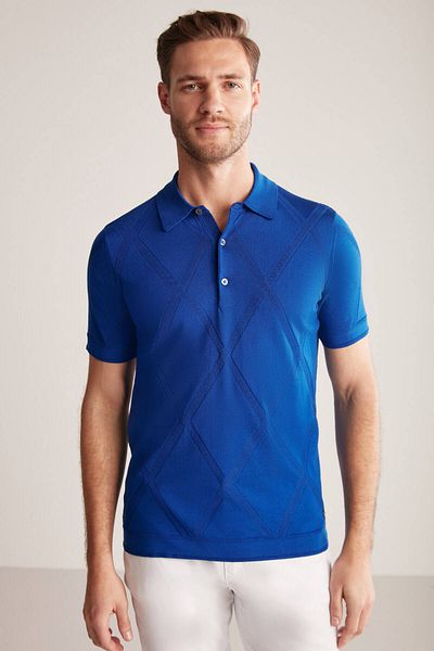 Hemington Diamond Patterned Indigo Blue Giza Cotton Knitwear Polo