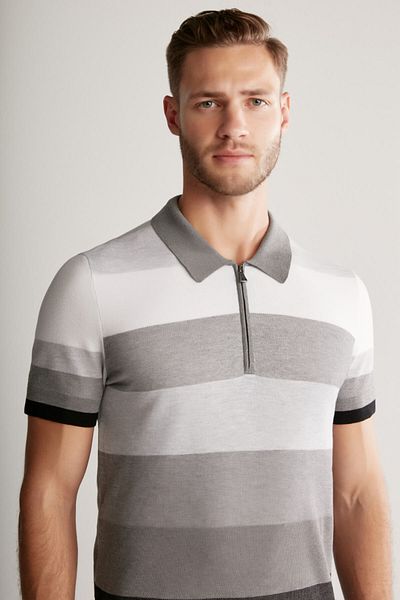 Hemington Gray Striped Zippered Collar Mercerized Cotton Knitwear Polo