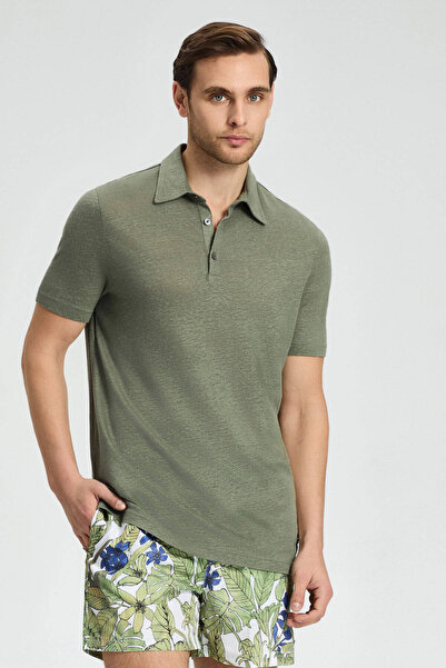 Hemington Pure Linen Khaki Polo Neck T-Shirt