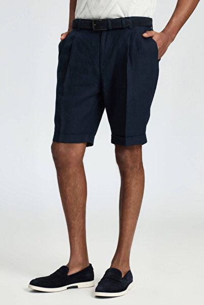 Hemington Pure Linen Navy Blue Pleated Shorts