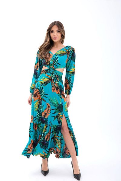 FASHION COCKTAIL Εξωτικό μοτίβο παλάμης με αγκράφα στήθος με σχέδιο με παράθυρο μακρύ μάξι φόρεμα κοκτέιλ στην πισίνα
