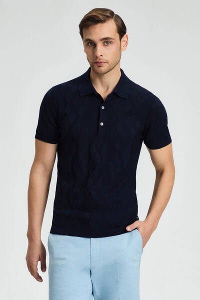 Hemington Baklava Pattern Giza Cotton Navy Blue Knitwear Polo