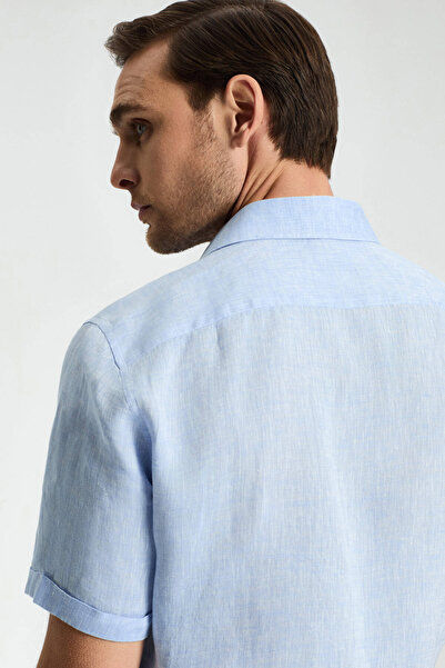 Hemington Kısa Kollu Saf Keten Gök Mavisi Gömlek