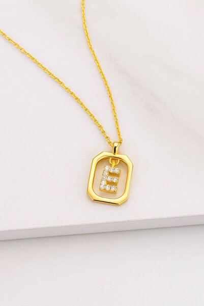 Gimora Harf Kolye Frame Taşlı E Harfi Gümüş Kolye