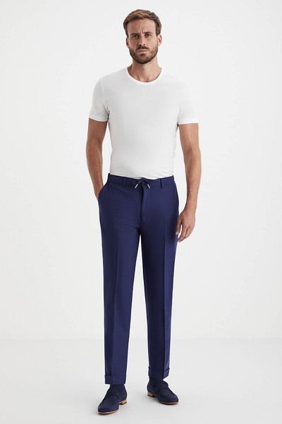 Hemington Navy Blue Wool Jogger Flannel Pants with Elastic Waistband