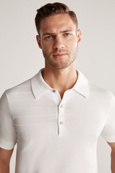 Hemington Stripe Patterned White Giza Cotton Knitwear Polo