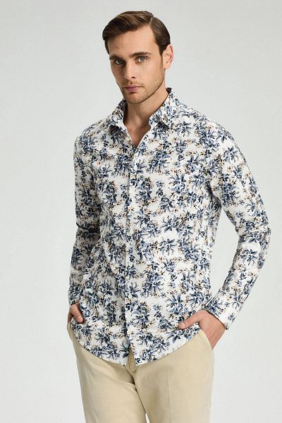 Hemington Flower Pattern Hidden Button Navy Blue Pure Cotton Shirt