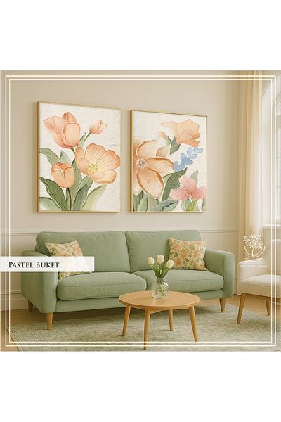 Tablomtr Set de 2 picturi decorative cu cadru metalic imprimat digital cu sticlă - Buchet pastel Model A