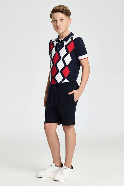 Hemington Navy Blue Knitwear Children's Shorts with Lace-Up Embroidery Logo
