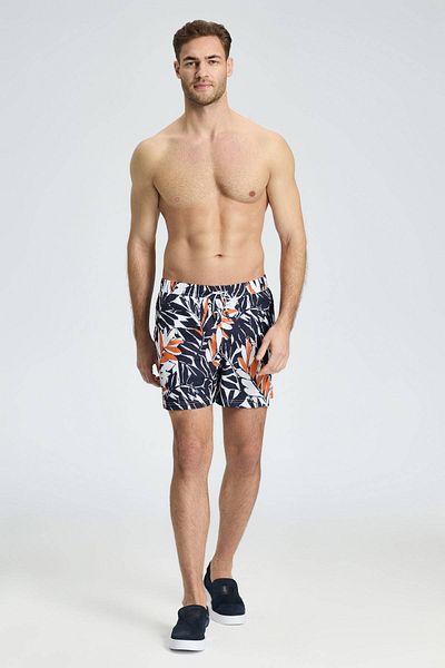 Hemington Leaf Pattern Navy Blue Orange Quick Dry Swimsuit
