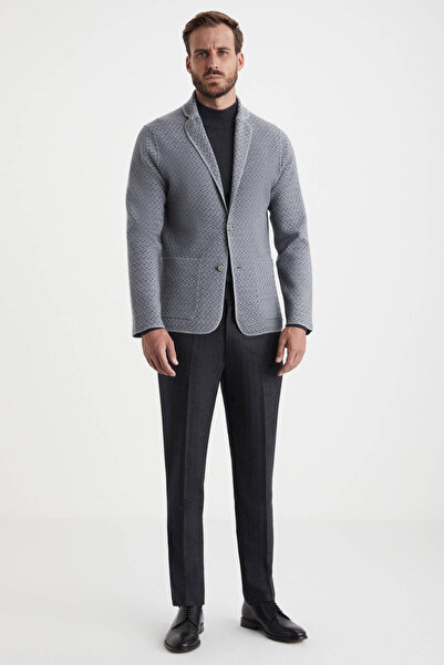 Hemington Herringbone Pattern Two-Way Light Gray Merino Wool Knitwear Jacket
