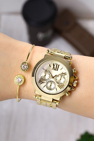 Newera Watch Metal Cord Yellow Women's Bracelet Watch Set Nwkk041156