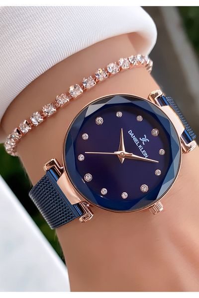 Daniel Klein Brand Navy Blue Rose Color Women's Wristwatch - Bracelet Gift
