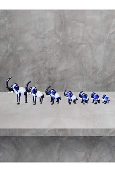 HalilModa Camdan El Yapımı 7’li Hediyelik Fil Seti Mavi Renk