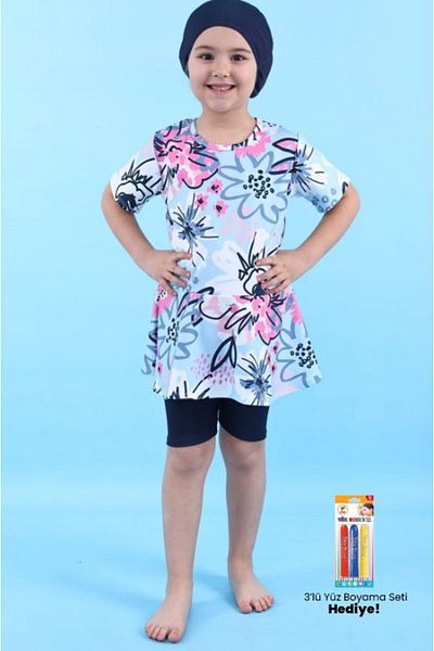 ZUZUNGA Heart Patterned Navy Blue Girl's Checkered Swimsuit Set
