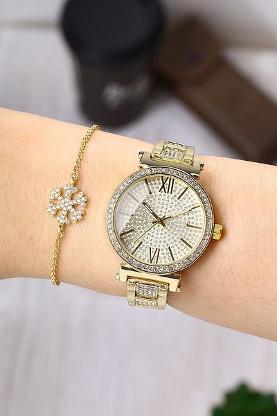 Newera Watch طقم ساعات نسائية بسوار من الحجر المعدني باللون الأصفر Nwkk041151