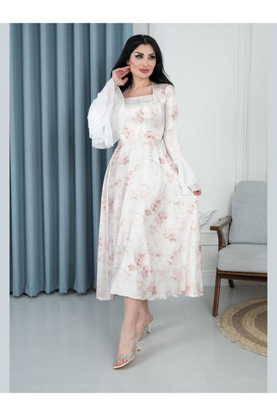Nice Model Elegant White Floral Maxi Dress with Bell Sleeves - Square Neck Long Sleeve Wedding Guest Outfit