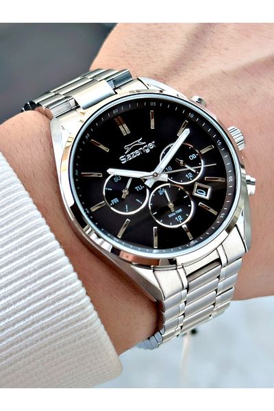 Slazenger Silver-Black Color 10 Atm Waterproofness Steel Cord Steel Case Men Wristwatch 2493.04Mr