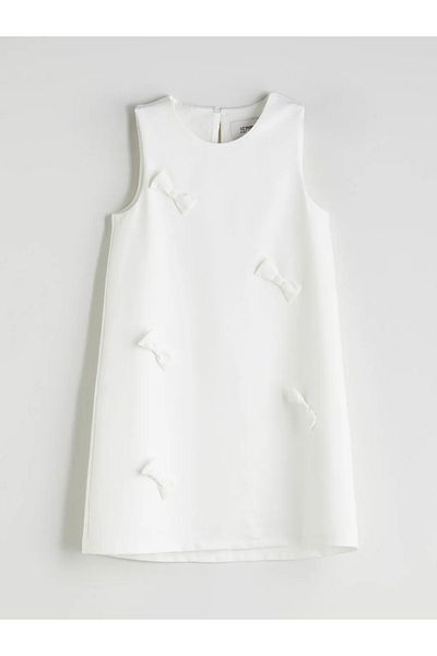 LC Waikiki Lcw Kids White Crew Neck Bow Detail Girls' Dress