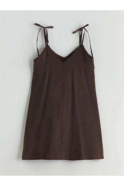 LC Waikiki Lcw Vision Brown V-Neck Strap Modal Blend Mini Dress