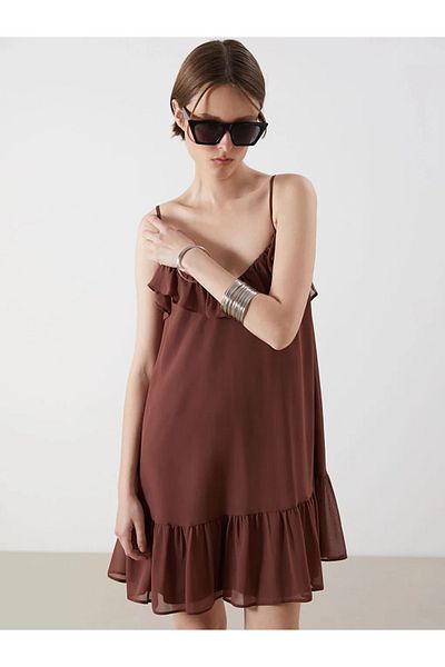 LC Waikiki Lcw Vision Brown Square Neck Strap Ruffle Chiffon Mini Dress