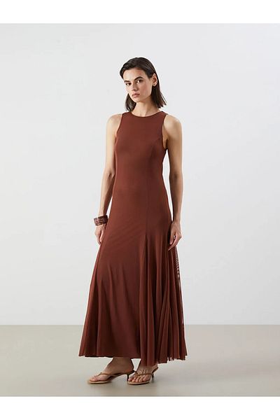 LC Waikiki Lcw vision brown bicycle collar pleated waist dress