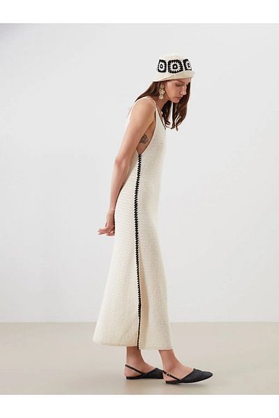 LC Waikiki Lcwaikiki Classic Ecru U-Neck Openwork Knitwear Dress