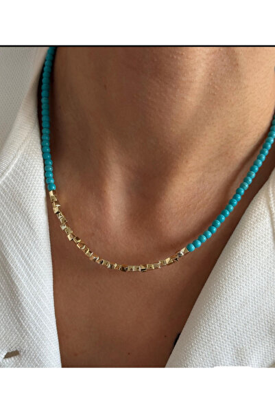 AychaAksesuar قلادة مكعبة من الخرز الذهبي الصغير باللون الأزرق