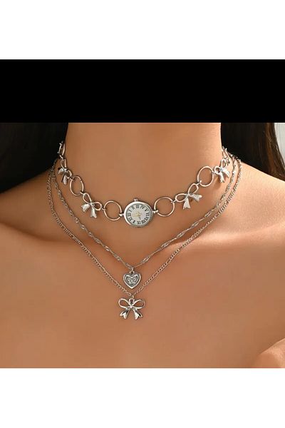 Enanice Set of 3 Watch Bow Heart Necklace