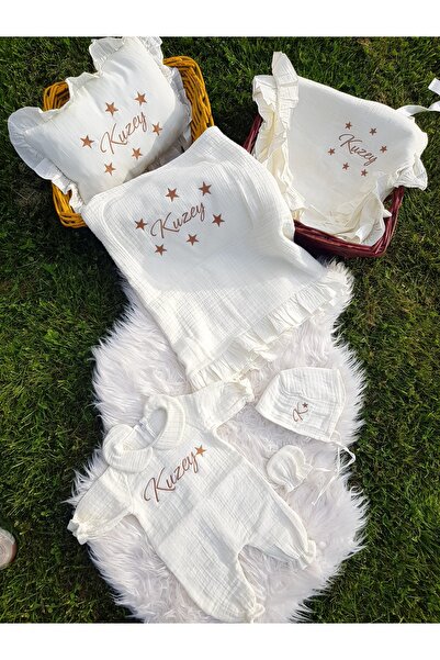 Baby Clime İsim Nakışlı Müslin Tulum, Şapka, Eldiven, Battaniye, Yastık, Puse...