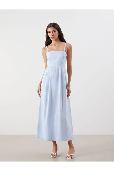 LC Waikiki Lcw Vision Blue Square Neckline Striped Poplin Dress